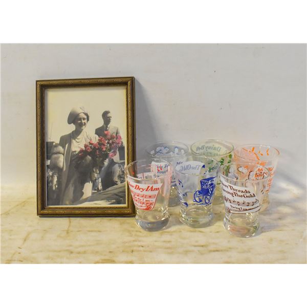 6 SHOT GLASSES + QUEEN ELIZABETH 1940S
