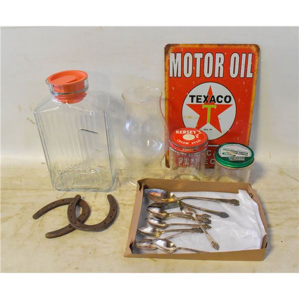 ANTIQUES INCL. HORSESHOES, SILVER SPOON SET,