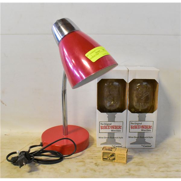 RED NECK WINE GLASSES (2) + GISMO KNIFE SHARPENER