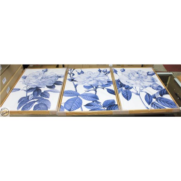 NEW SET OF 3 LARGE FRAMED BLUE FLOWER 36 X 24"