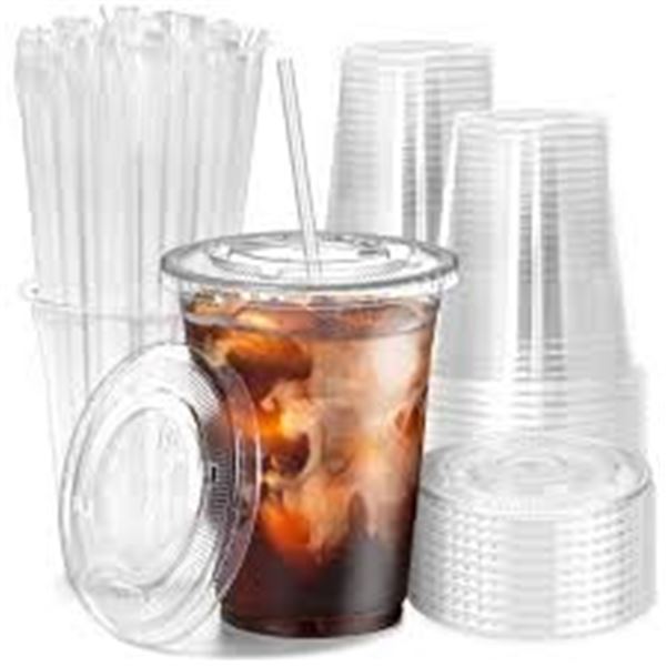 NEW 100PK 16 OZ PLASTIC COLD CUPS + FLAT LIDS