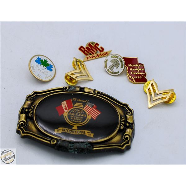LOT OF 6 COLLECTABLE PINS & BELT BUCKLE
