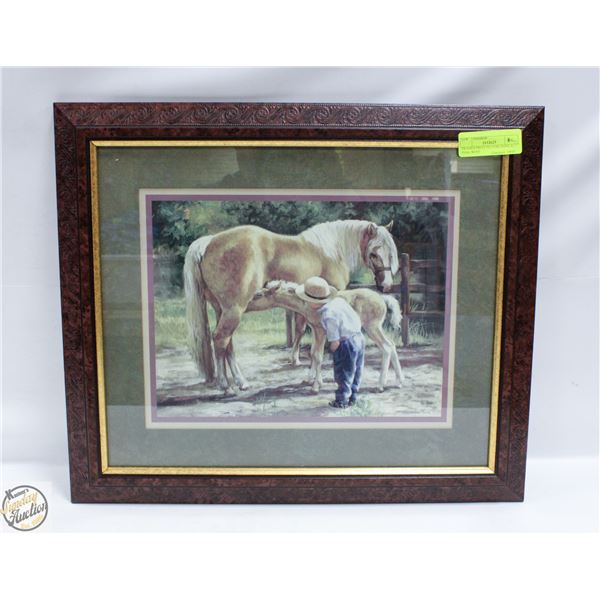 FRAMED PRINT PICTURE MARE W/FOAL + CHILD 17.5"X20"
