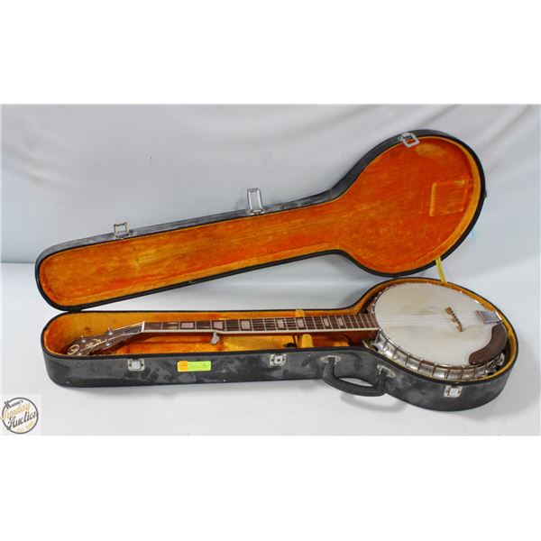 5 STRING BANJO W/ CASE, FINGER PICKS & EAGLE ON