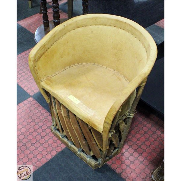 1970'S LEATHER/CEDAR WOOD WEAVED CHAIR