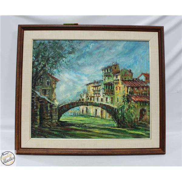 1960'S OIL ON CANVAS EUROPEAN VILLAGE PICTURE 24"X