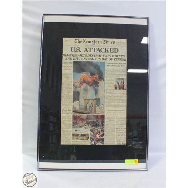FRAMED NEW YORK TIMES NEWSPAPER CUTTING OF 9/11