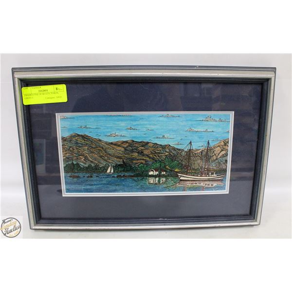 FRAMED INK OF BOATS, POROS, GREECE