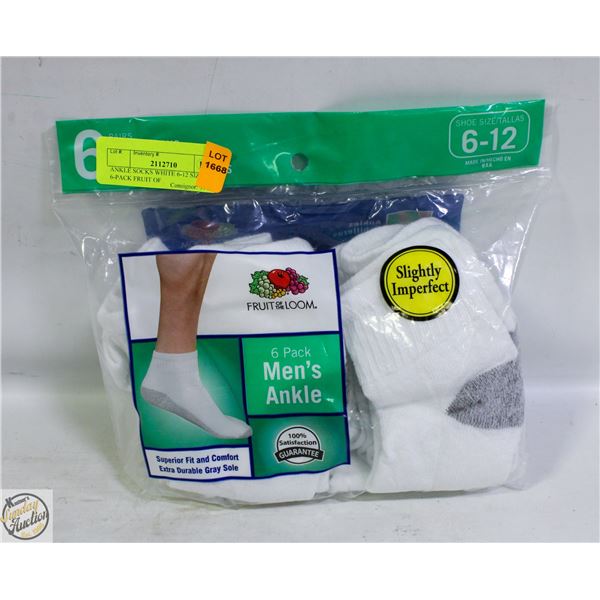 ANKLE SOCKS WHITE 6-12 SIZE 6-PACK FRUIT OF