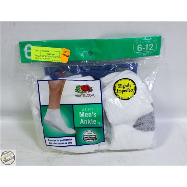 ANKLE SOCKS WHITE 6-12 SIZE 6-PACK FRUIT OF