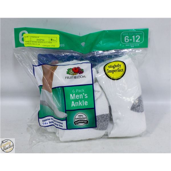 ANKLE SOCKS WHITE 6-12 SIZE 6-PACK FRUIT OF