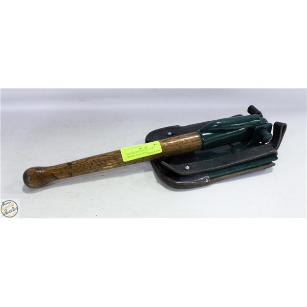 VINTAGE FOLDING MILITARY SHOWEL W/ LEATHER