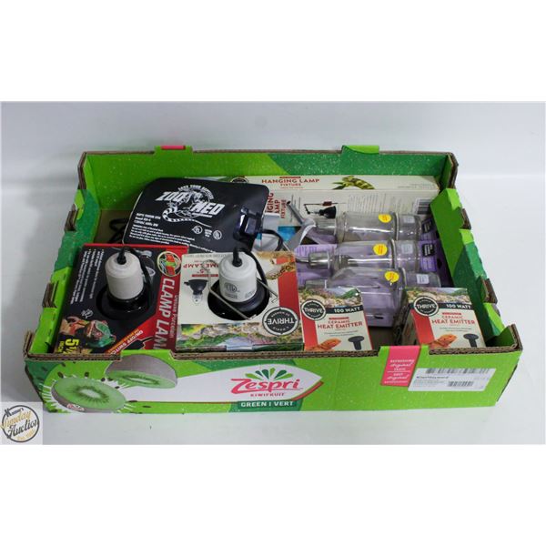 LOT OF TERRANIUM HEATER LAMPS & WATERING BOTTLES