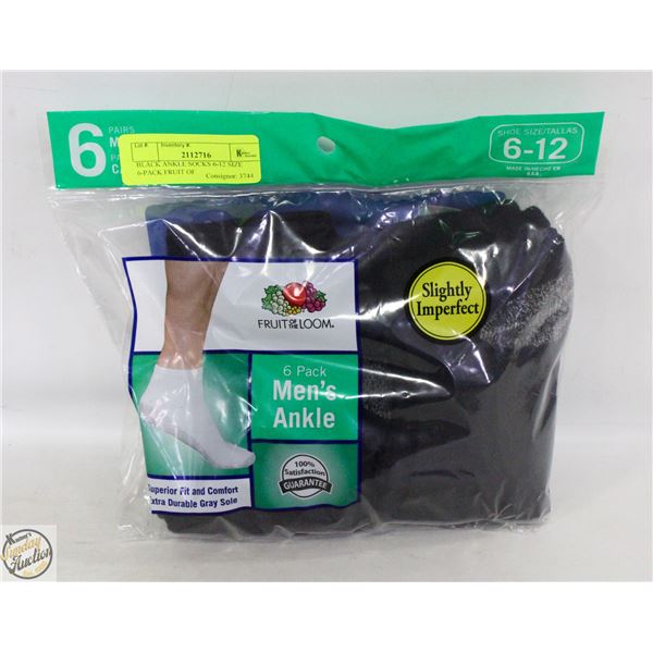 BLACK ANKLE SOCKS 6-12 SIZE 6-PACK FRUIT OF