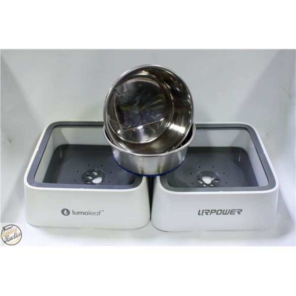 4 USED CANINE WATER BOWLS (2 S/STEEL+2 ANTI-SPILL)