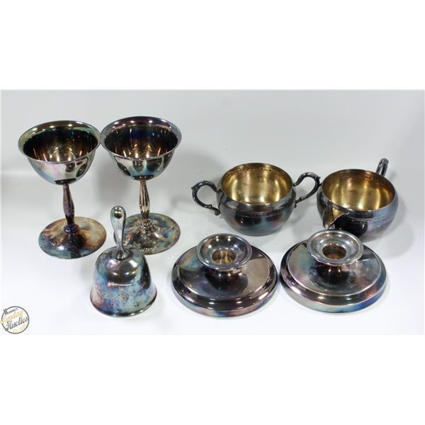 ESTATE SILVER PLATED DISHES + CANDLE STICKS