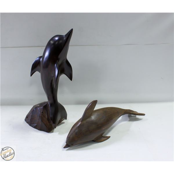 2 WOODEN DOLPHINS ART SCULPTURE