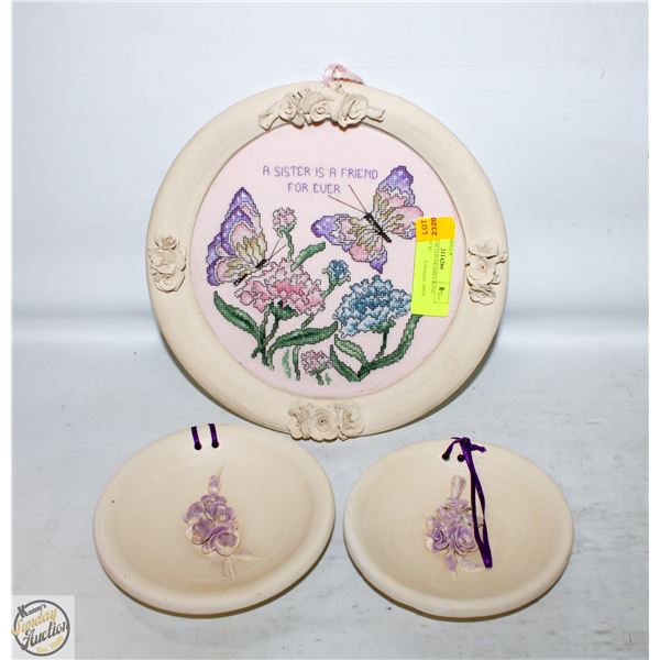 3 HAND CRAFTED FRAMES WITH CROSS STITCH/