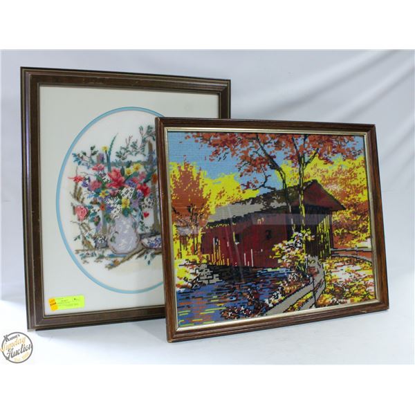 PAIR OF FRAMED CROSS STITCH/PETIT POINT LARGE WALL