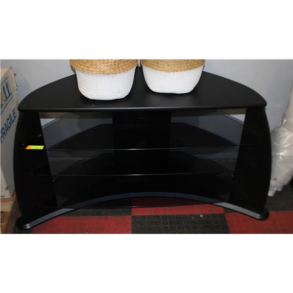 TV STAND GLASS SHELVES AND WOOD FRAME 25”X18”X42”