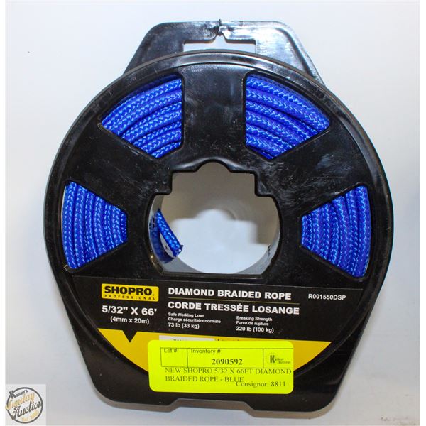 NEW SHOPRO 5/32 X 66FT DIAMOND BRAIDED ROPE - BLUE
