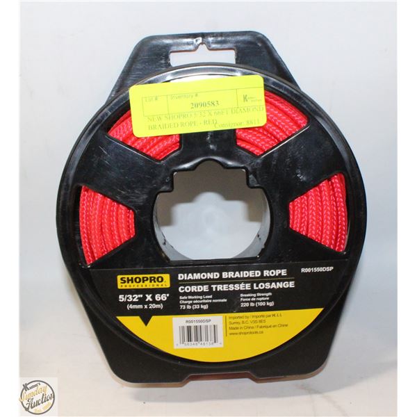 NEW SHOPRO 5/32 X 66FT DIAMOND BRAIDED ROPE - RED