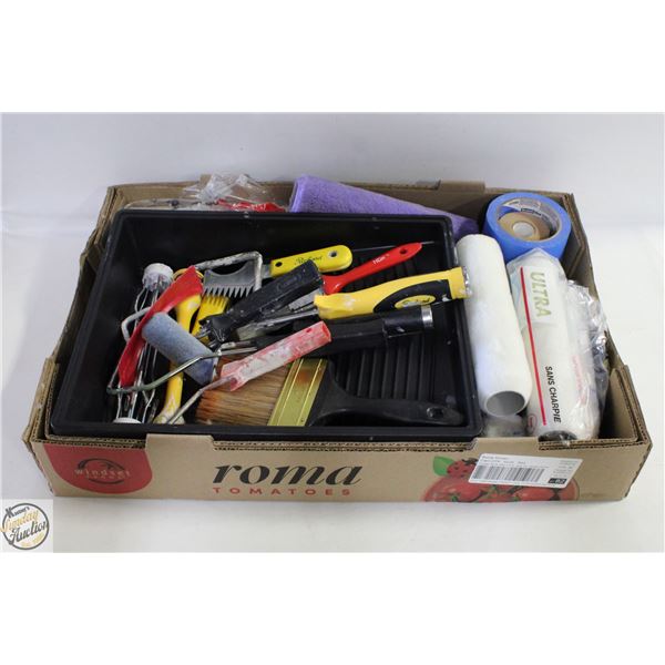 LARGE PAINTERS LOT (TAPE, TRAY, ROLLERS, BRUSHES)