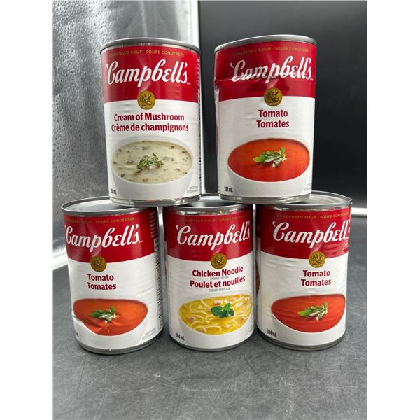 Lot of 5 Campbell’s Soup Cans, 284 ml Each, Various Flavors