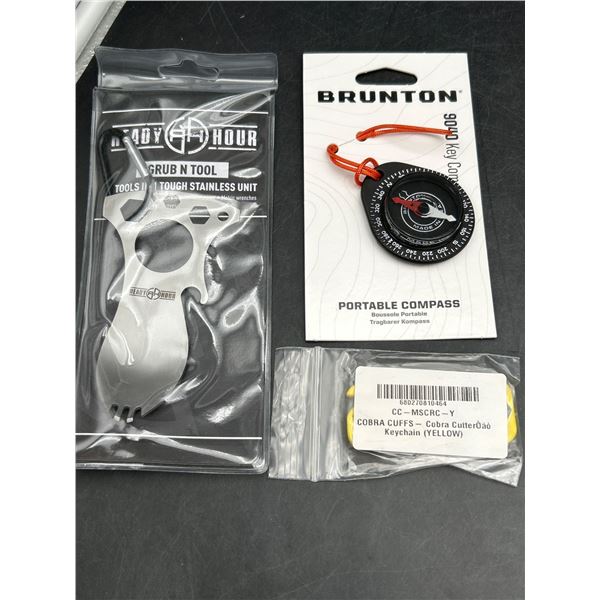 3 Outdoor Items: Brunton Compass, Grub N Tool, and Cobra Cuffs Yellow Keychain