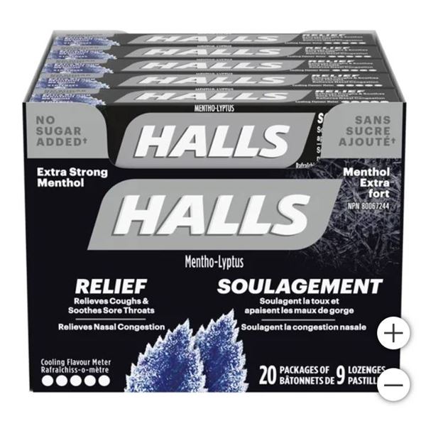 Halls Mentho-Lyptus Extra Strong Menthol, No Sugar Added – 20 Packages of 9 Lozenges
