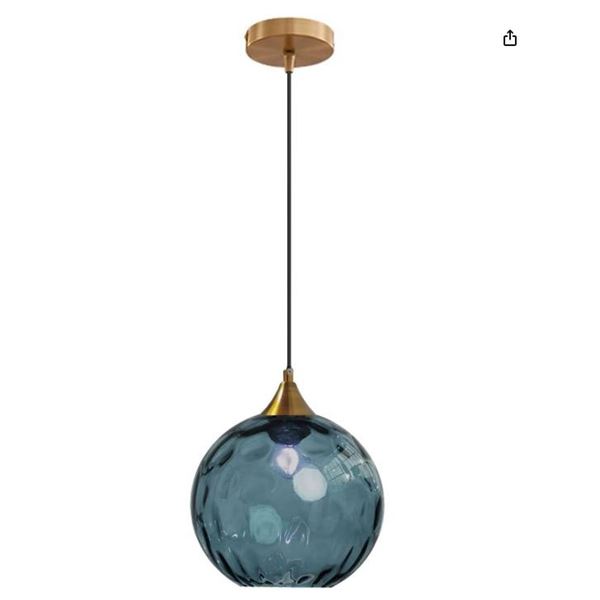 CRIBBU 7.8 Inch Globe Glass Pendant Light Bronze Gold Bracket with Glass Ball Hanging Lamp (Dark Blu