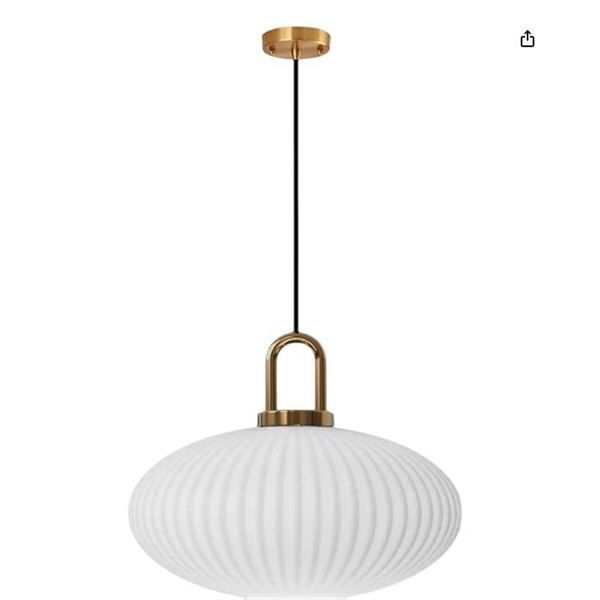 Brikey White Glass Pendant Light with Brass Gold Base, White Ceiling Light Hanging Lamp for Bedside 