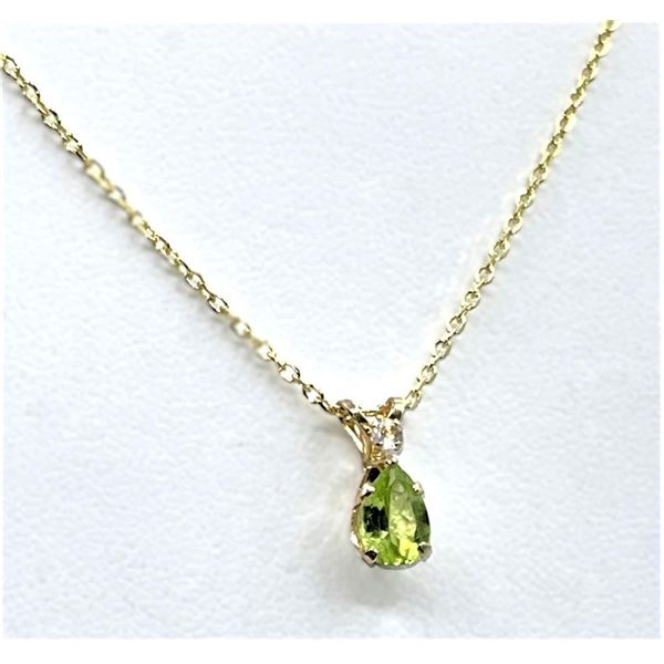 10KT Yellow Gold Natural Peridot and White Topaz Pear   Shape Pendant with Gold Plated Sterling Silv