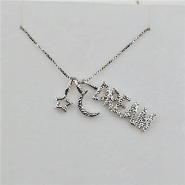 Sterling Silver Natural Diamond (0.04ct) Dream, Star and Cresent Moon Pendant with Sterling Silver C
