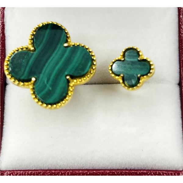 Gold Plated Sterling Silver Natural Malachite (4.50ct) Double Clover Motif Ring, Size 7.25, W/A $440
