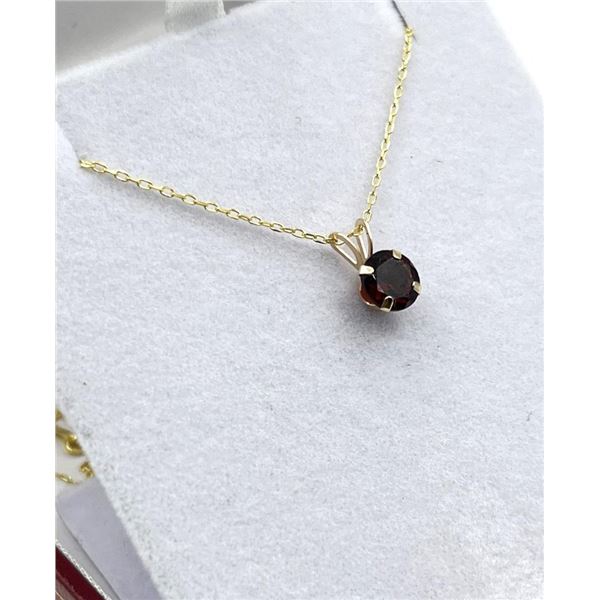 14KT Yellow Gold Natural Garnet Round Pendant with Gold Plated Sterling Silver Chain, Retail $350.00