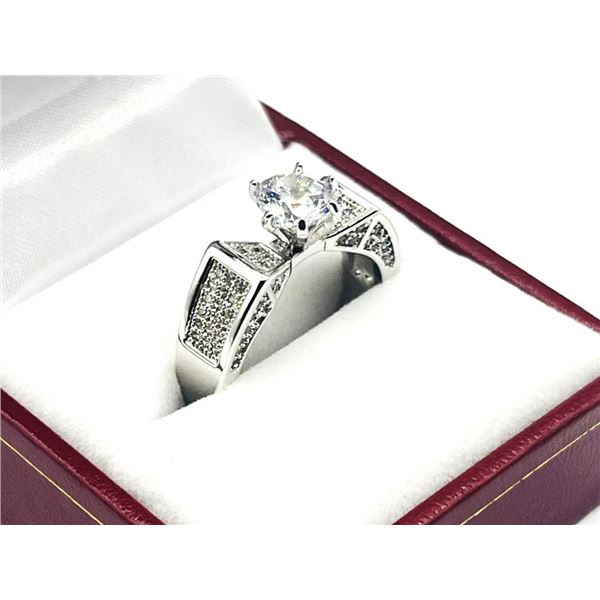 Rhodium Plated CZ Engagement Ring, Size 7.5, Retail $200.00.