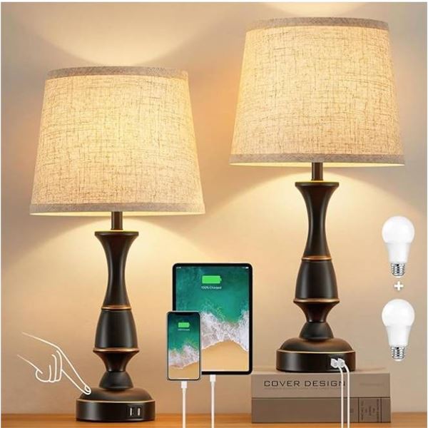 Luvkczc Touch Table Lamps Set of 2, 22″ Tall Bedside Lamps with Dual USB A Ports, 3 Way Dim