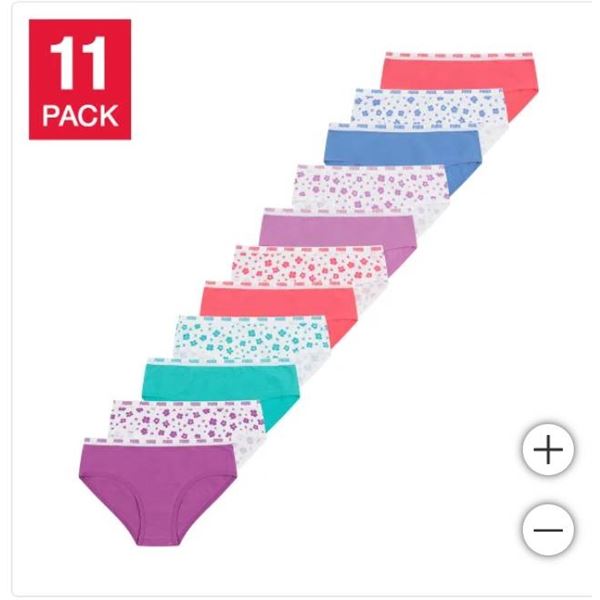 PUMA 11-Pack Cotton Blend Girls’ Bikini Underwear – Size XL