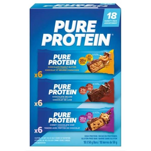 Pure Protein 18-Bar Variety Pack with Chocolate Peanut Butter, Deluxe, and Chip Assortment