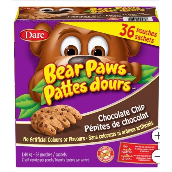 Dare Bear Paws Chocolate Chip Cookies – 36 Pouches