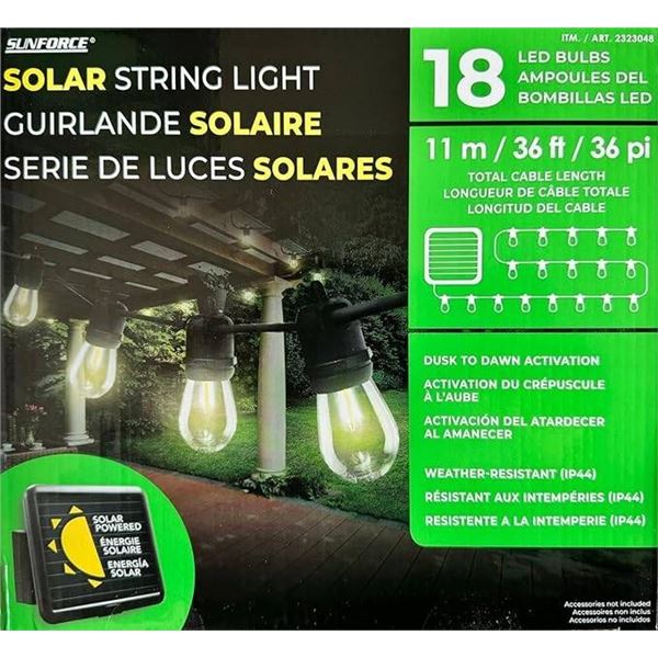 SilverForce Solar String Light with 18 LED Bulbs, 36 ft Total Length