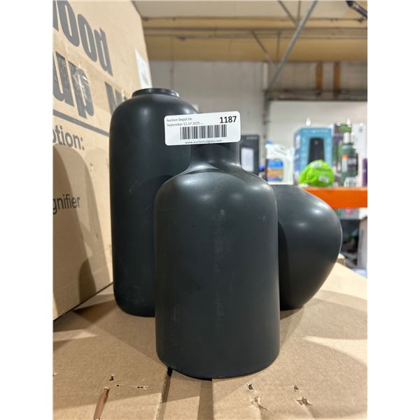 Three Matte Black Ceramic Decorative Vases, Assorted Shapes