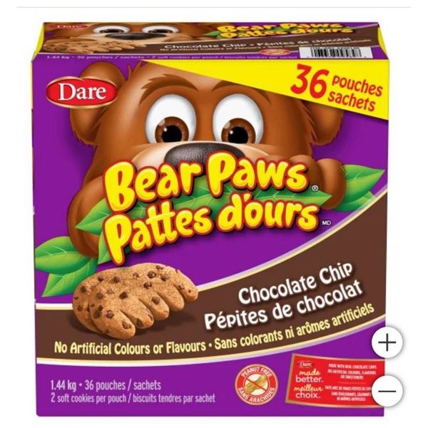 Dare Bear Paws Chocolate Chip Cookies, 36 × 40 g