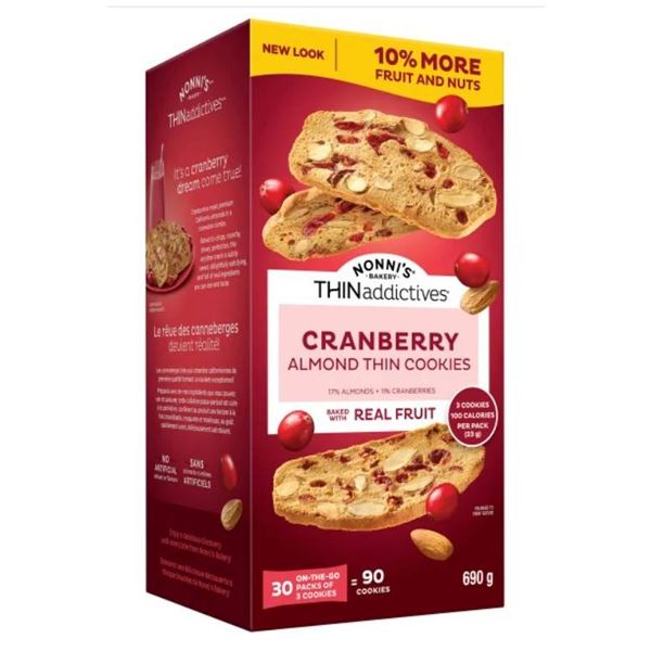 Nonni’s Cranberry Almond Thin Cookies, 690g, 30 Packs of 3 Cookies