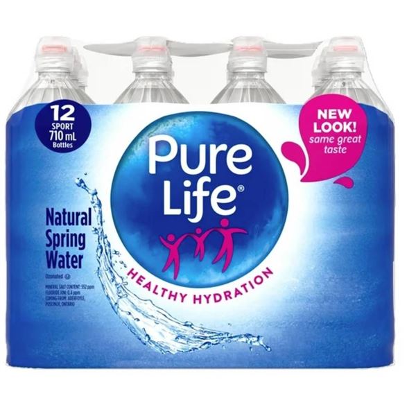 Pure Life Natural Spring Water 12 Sport Bottles 710 mL Each