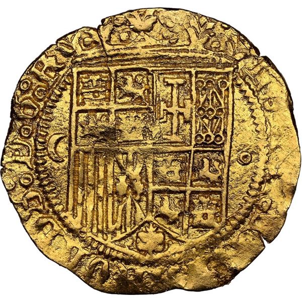 SPAIN, Burgos, gold 1 escudo, Charles-Joanna, crescent to left, circlet to right of shield, mintmark