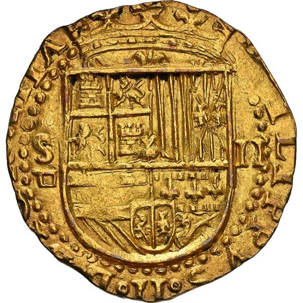 SPAIN, Seville, gold cob 2 escudos, Philip II, assayer Gothic D below mintmark S to left, denominati