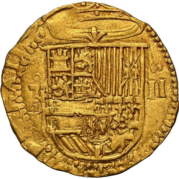 SPAIN, Toledo, gold cob 2 escudos, Philip II, assayer M-in-circle below mintmark oT to left, NGC AU 