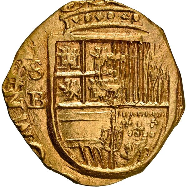 SPAIN, Seville, gold cob 4 escudos, Philip III, assayer B, OMNIVM in legend, NGC MS 62, finest known
